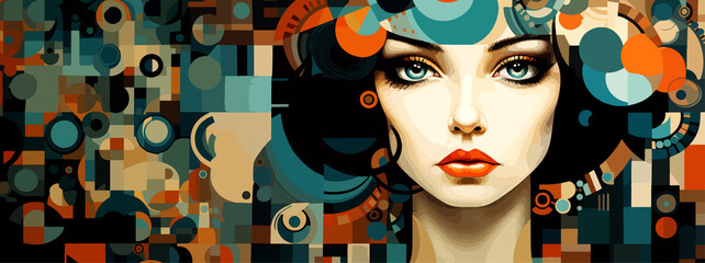 Expressive material vector banners, featuring strong, militant female faces. Harmonized with abstract backgrounds. Ample text space. Ideal for web use.