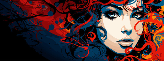 Expressive material vector banners, featuring strong, militant female faces. Harmonized with abstract backgrounds. Ample text space. Ideal for web use.