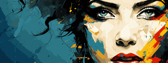 Expressive material vector banners, featuring strong, militant female faces. Harmonized with abstract backgrounds. Ample text space. Ideal for web use.