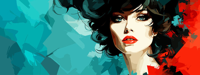 Expressive material vector banners, featuring strong, militant female faces. Harmonized with abstract backgrounds. Ample text space. Ideal for web use.