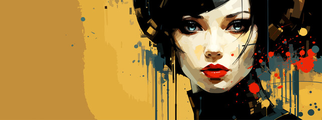 Expressive material vector banners, featuring strong, militant female faces. Harmonized with abstract backgrounds. Ample text space. Ideal for web use.