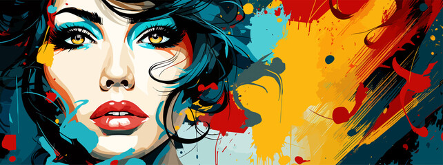 Expressive material vector banners, featuring strong, militant female faces. Harmonized with abstract backgrounds. Ample text space. Ideal for web use.