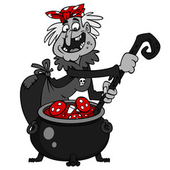 cartoon character baba-yaga witch cooks mushrooms in a cauldron transparent isolate png stock