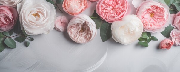 Banner - composition top view of pretty rose flowers on white background.