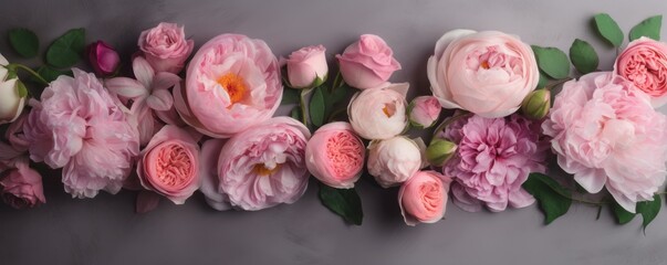 Banner - composition top view of pretty rose flowers on white background.