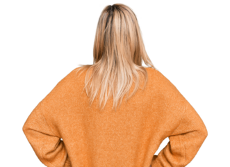 Middle age caucasian woman wearing casual winter sweater standing backwards looking away with arms on body