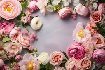 Composition top view of pretty rose flowers on white background.