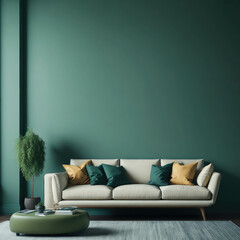 Modern Cozy Sofa With Pillows Infront Of  Empty Grey Wall, Minimalism Interior Living Room, Soft Light, Generative AI