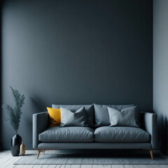 Modern Cozy Sofa With Pillows Infront Of  Empty Grey Wall, Minimalism Interior Living Room, Soft Light, Generative AI