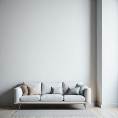 Modern Cozy Sofa With Pillows Infront Of  Empty White Wall, Minimalism Interior Living Room, Soft Light, Generative AI
