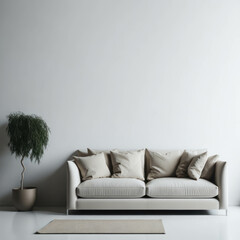 Modern Cozy Sofa With Pillows Infront Of  Empty White Wall, Minimalism Interior Living Room, Soft Light, Generative AI