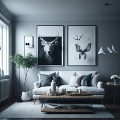 Scandinavian Rustic interior Living Room, Sofa and Table Infront Of Wall, Mock up Art Frame, Generative AI