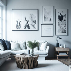 Scandinavian Rustic interior Living Room, Sofa and Table Infront Of Wall, Mock up Art Frame, Generative AI