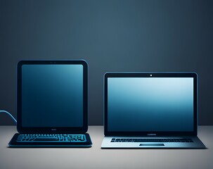 computer keyboard and laptop isolated on blue background. 3 d rendering. computer technology concept