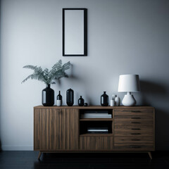 Modern Living Room Interior, Rustic Cabinet Near Wall, Mock Up Art Frame,  Generative AI