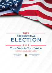 Fototapeta na wymiar 2024 United States Presidential Elections Banner/Poster with US symbols and colors. US Flag . Vote. United States of America Election design