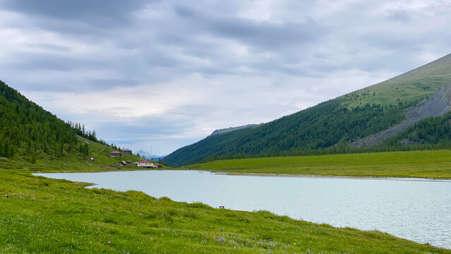 Amazing view of Akkem Lake, Altai, Russia. Hike to the foot of Belukha. Picturesque green mountain valley. © chekart