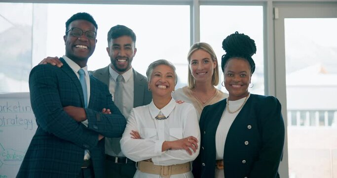Business people, about us and leader with face in office for mission, diversity and smile together. Men, women and senior ceo with collaboration, support and portrait for teamwork in marketing agency