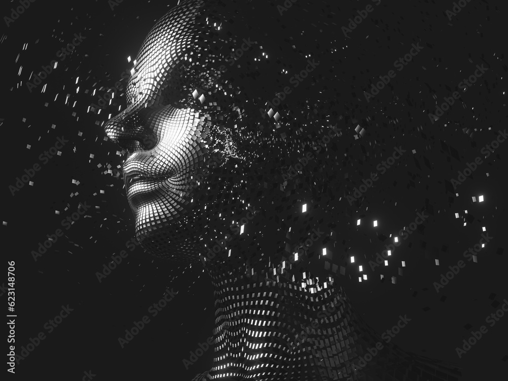Aufkleber Virtual Digital head of Artificial Intelligence (AI). deep learning concept. Hologram. 3d rendering