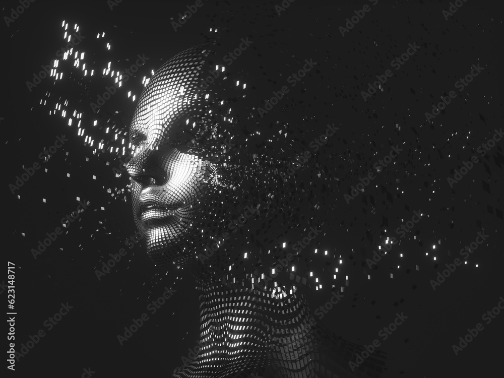 Aufkleber Virtual Digital head of Artificial Intelligence (AI). deep learning concept. Hologram. 3d rendering