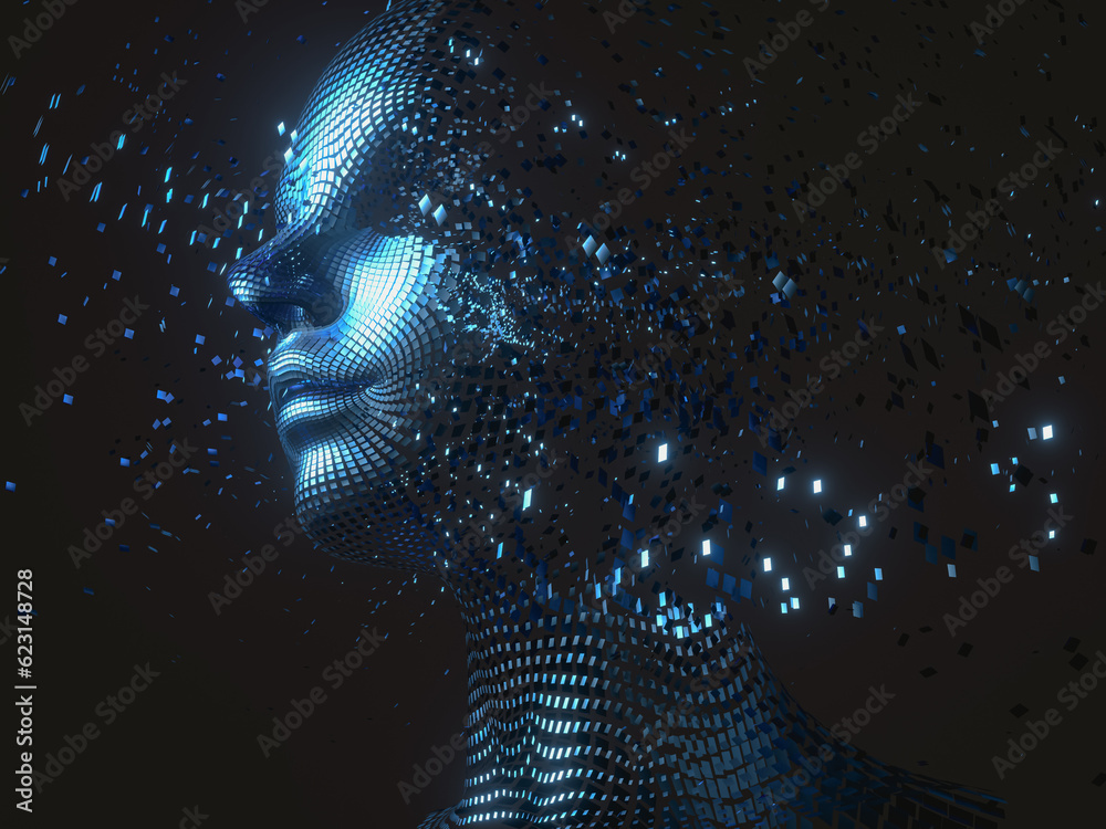 Aufkleber Virtual Digital head of Artificial Intelligence (AI). deep learning concept. Hologram. 3d rendering