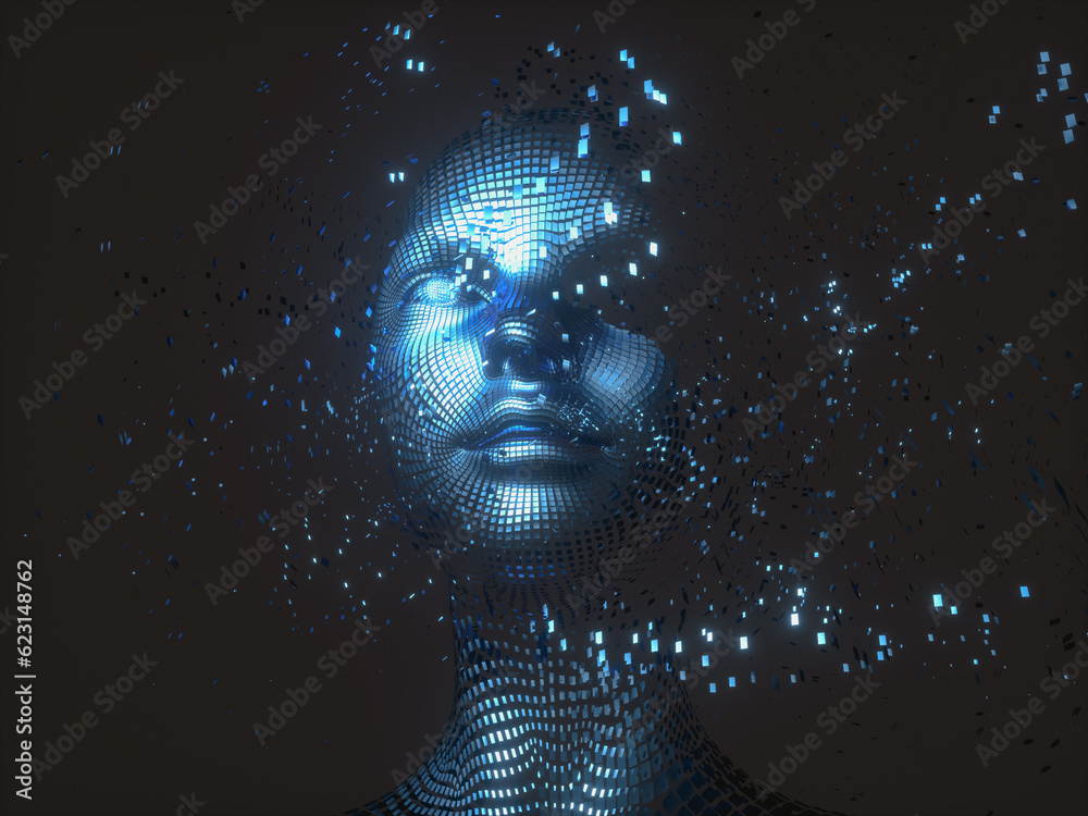 Aufkleber Virtual Digital head of Artificial Intelligence (AI). deep learning concept. Hologram. 3d rendering