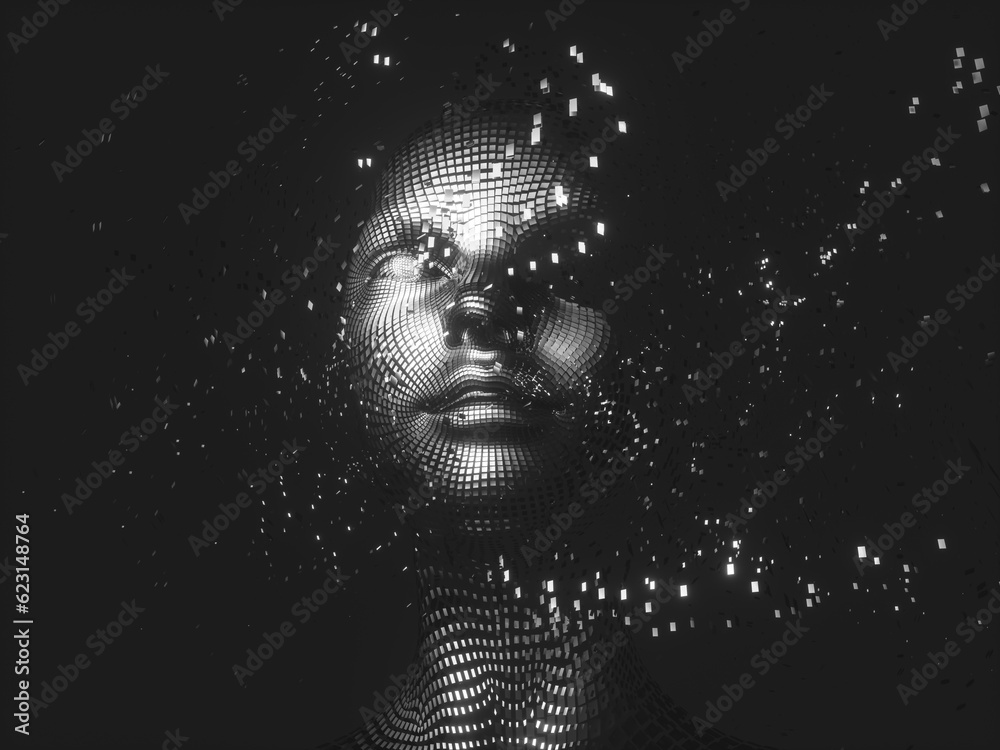Poster Virtual Digital head of Artificial Intelligence (AI). deep learning concept. Hologram. 3d rendering