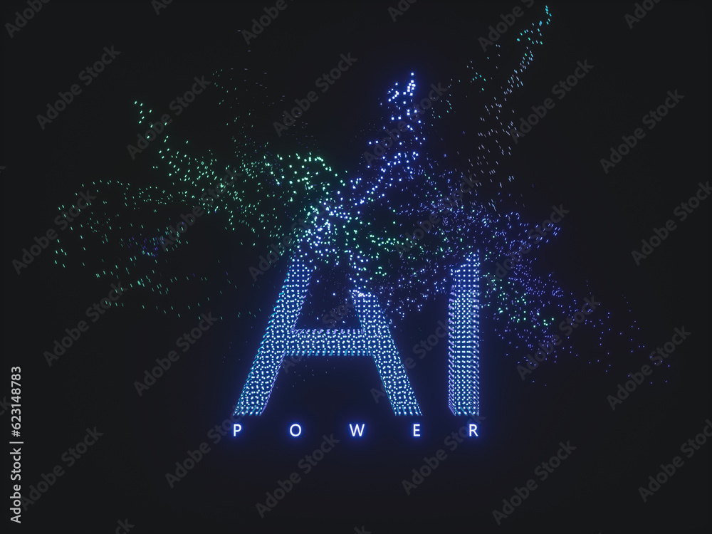 Poster virtual digital text of artificial intelligence (ai) power. hologram. 3d rendering
