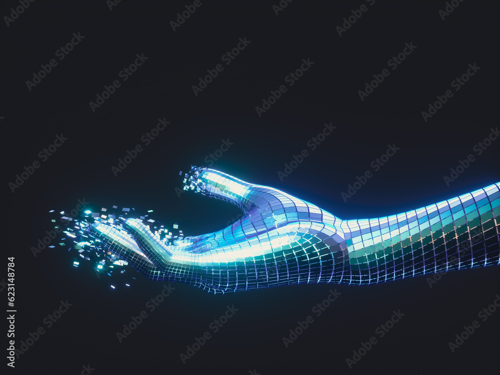 Poster Virtual Digital hand of Artificial Intelligence (AI). deep learning concept. Hologram. 3d rendering