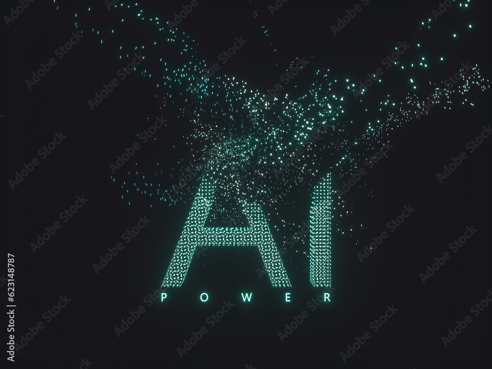 Poster virtual digital text of artificial intelligence (ai) power. hologram. 3d rendering