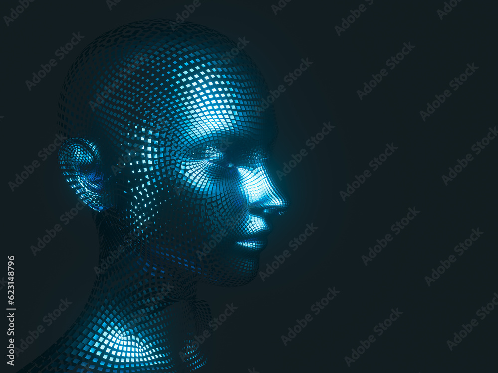 Poster Virtual Digital head of Artificial Intelligence (AI). deep learning concept. Hologram. 3d rendering