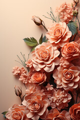 Cover page full size, soft color roses only on edges, peach background, no text, calm nature style. AI generative