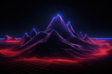 Wireframe mountains and retro wave elements 80s style. Made with Generative AI.