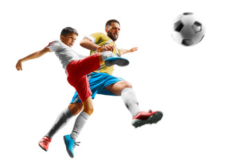 Children with adult soccer players in action isolated white background