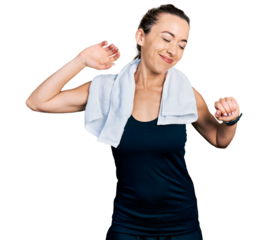 Young caucasian woman wearing sportswear and towel stretching back, tired and relaxed, sleepy and yawning for early morning