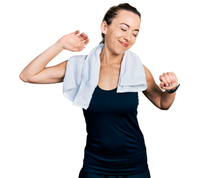 Young caucasian woman wearing sportswear and towel stretching back, tired and relaxed, sleepy and yawning for early morning