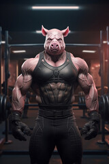 Fototapeta na wymiar fit Pig standing at the gym, Sweaty pig at the gym flexing its muscles, generative AI