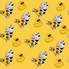 Funny cartoon summer zebra with ducks seamless pattern on a yellow background. Vector illustration for kids. Design for t-shirt
