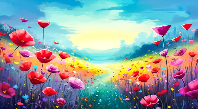 Dreamy illustration art of flower field in colorful painting.decoration background.digital paint style.generative ai images
