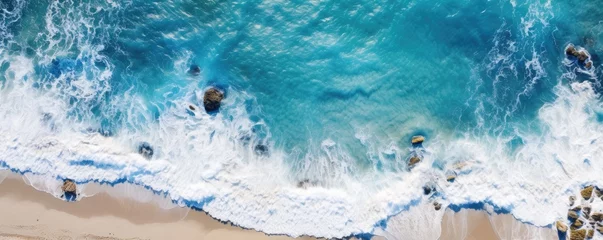 Türaufkleber White sand near blue clear water beach, travel destination aerial view, summer panorama wallpaper. Generative Ai. © annamaria
