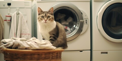 Cat sitting near washing machine, concept of Feline behaviour, created with Generative AI technology