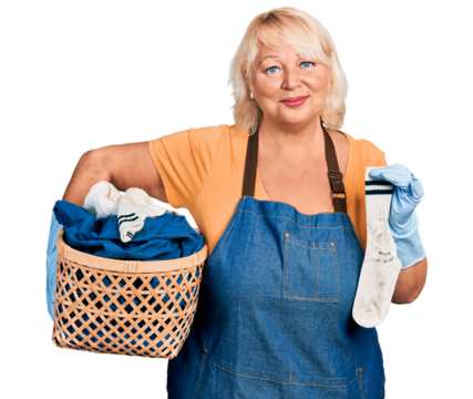 Middle age blonde woman doing laundry holding wicker basket and sock relaxed with serious expression on face. simple and natural looking at the camera.