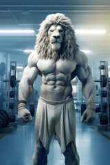 Fototapeta na wymiar fit Lion standing at the gym, Powerful Lion showing off its strength and determination during an intense gym session, generative AI