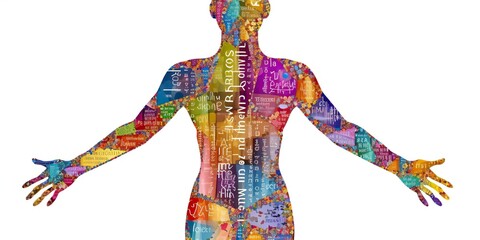 Body silhouette made out of colorful positive affirmations, concept of Self-esteem building, created with Generative AI technology