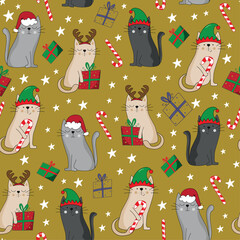 Funny cats in Santa hat, elf hat reindeer antler seamless pattern. Candy cane, and christmas presents.  Good for textile print, wrapping, cover, and other decoration.