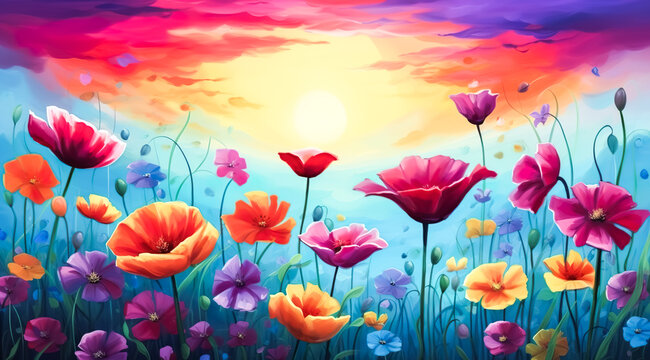Dreamy illustration art of flower field in colorful painting.decoration background.digital paint style.generative ai images