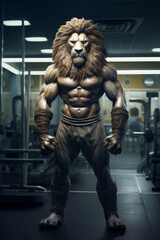 Fototapeta na wymiar fit Lion standing at the gym, King of the Fitness Jungle, Majestic Lion Flexes Muscles at the Gym, generative AI