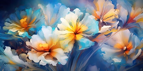 Fototapeta na wymiar Motion blur multicolor flowers on blue background, concept of Dynamic movement, created with Generative AI technology