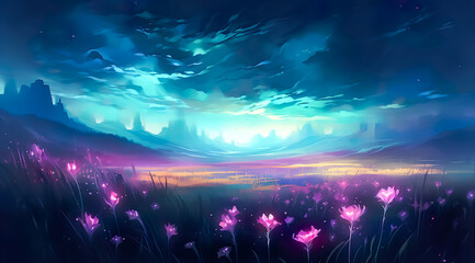 Fototapeta na wymiar Dreamy illustration art of flower field in colorful painting.decoration background.digital paint style.generative ai images