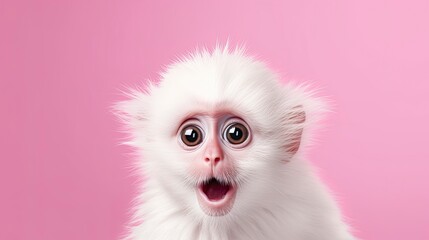 Portrait of a white cute baby monkey with surprised  expression on a pink background,Generative AI - obrazy, fototapety, plakaty